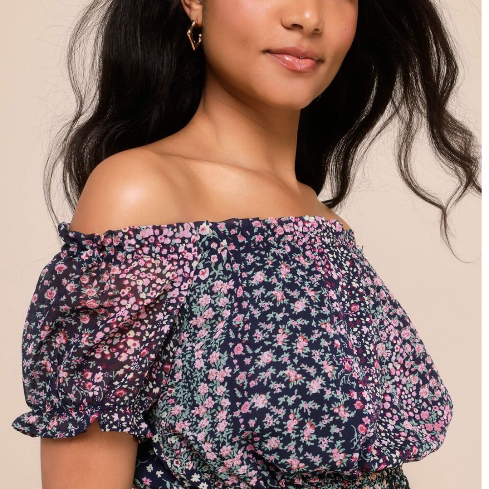Lulus Blue Floral Off Shoulder Maxi Dress New Large Neva Navy Blue Floral Print - Picture 10 of 15